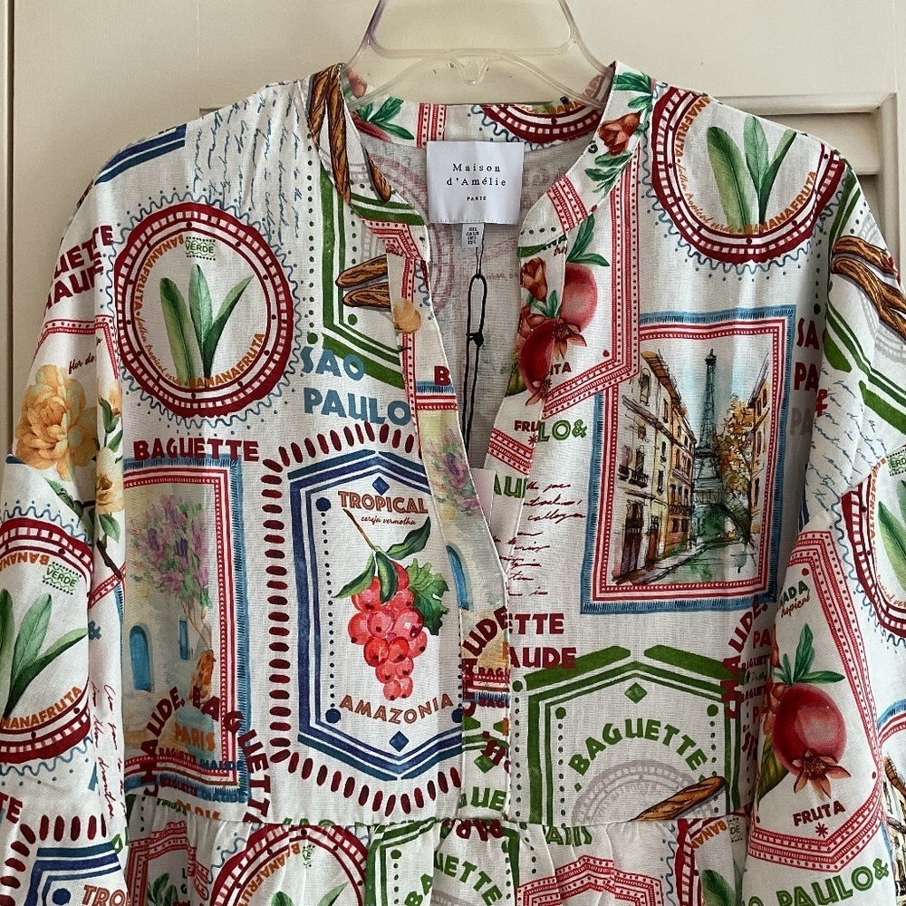NWT MAISON D'AMELIE Linen Blend Tile Print Long Sleeve Dress With Pockets US L - Picture 4 of 10